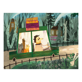 an illustration of cats in the backseat of a car with a dog driving