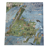 A completed jigsaw puzzle featuring a vintage-style illustrated map of Newfoundland and Labrador, with surrounding blue water and decorative text including 'Newfoundland and a smidge of Labrador Where ya ta'.