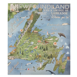 A vintage-style illustrated map poster of Newfoundland and a Smidge of Labrador, featuring green landmasses, blue water, and whimsical cartoon animals and landmarks.