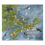 A colorful illustrated map poster of New Brunswick and Nova Scotia, featuring coastal landmarks, ships, whales, birds, and decorative text including 'New Brunswick', 'Nova Scotia', 'The Maritimes', and 'Fill Yer Boots'.