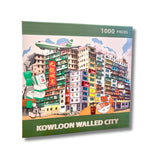 1000 piece puzzle box image of Illustration of a colorful urban scene with buildings, a plane, and a bowl of food on a table.