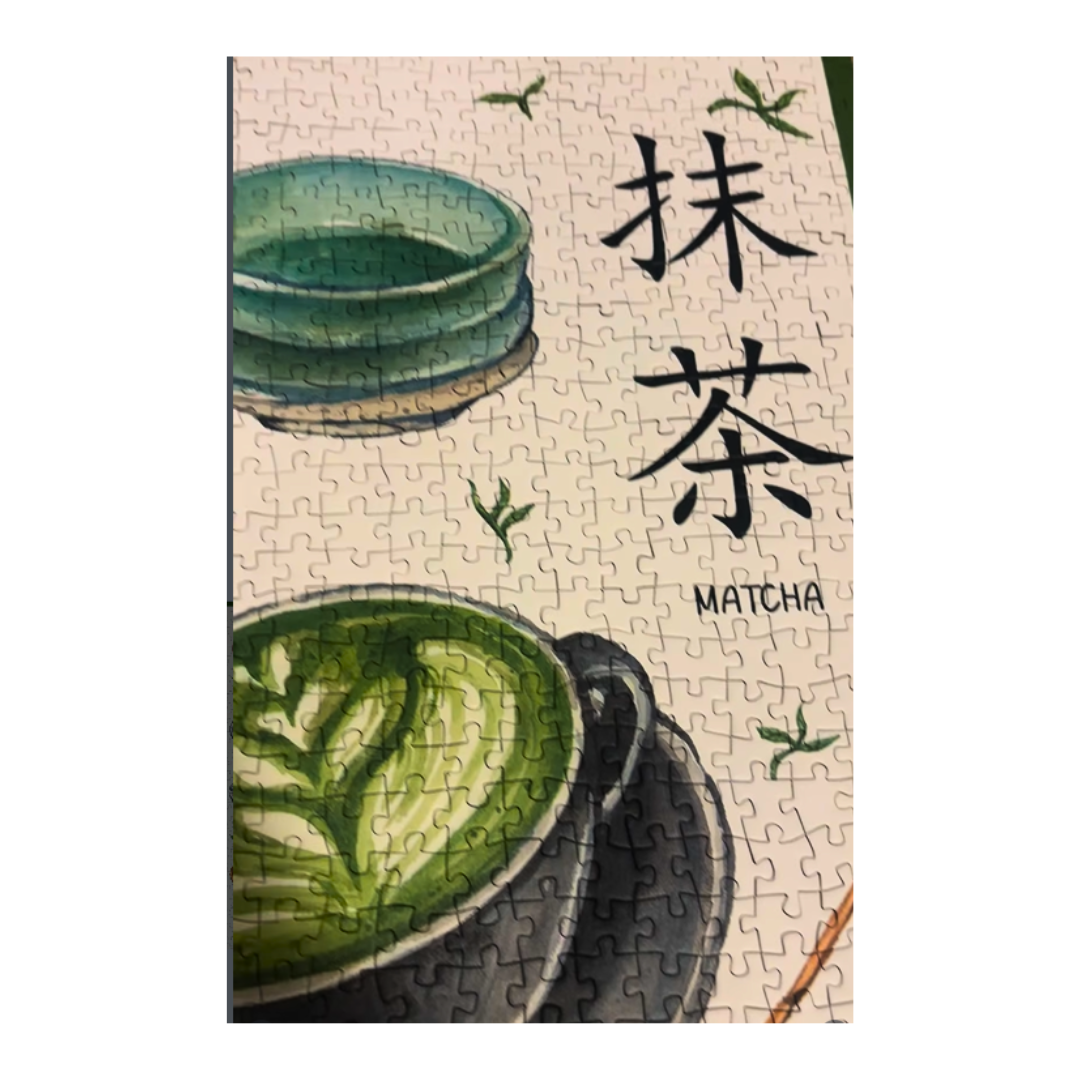 Jigsaw puzzle with matcha green tea design on a beige background