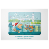 Children's puzzle with cartoon characters on a scenic beach background