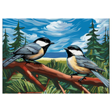 Two birds perched on a branch with a forest and blue sky background