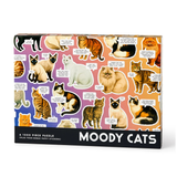 Puzzle box titled 'Moody Cats' with images of cats on a colorful background