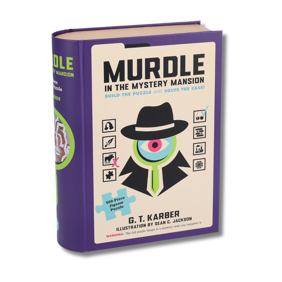 Puzzle titled 'Murdle in the Mystery Mansion' with a purple cover and illustration of a detective on the cover.