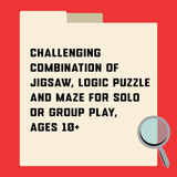 Text on a beige background with a magnifying glass icon on a red background