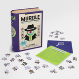 MURDLE game set with book, puzzle pieces, and instructions on a white background