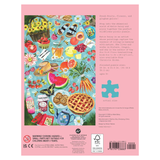 Back cover of a puzzle packaging with colorful illustrations and text.