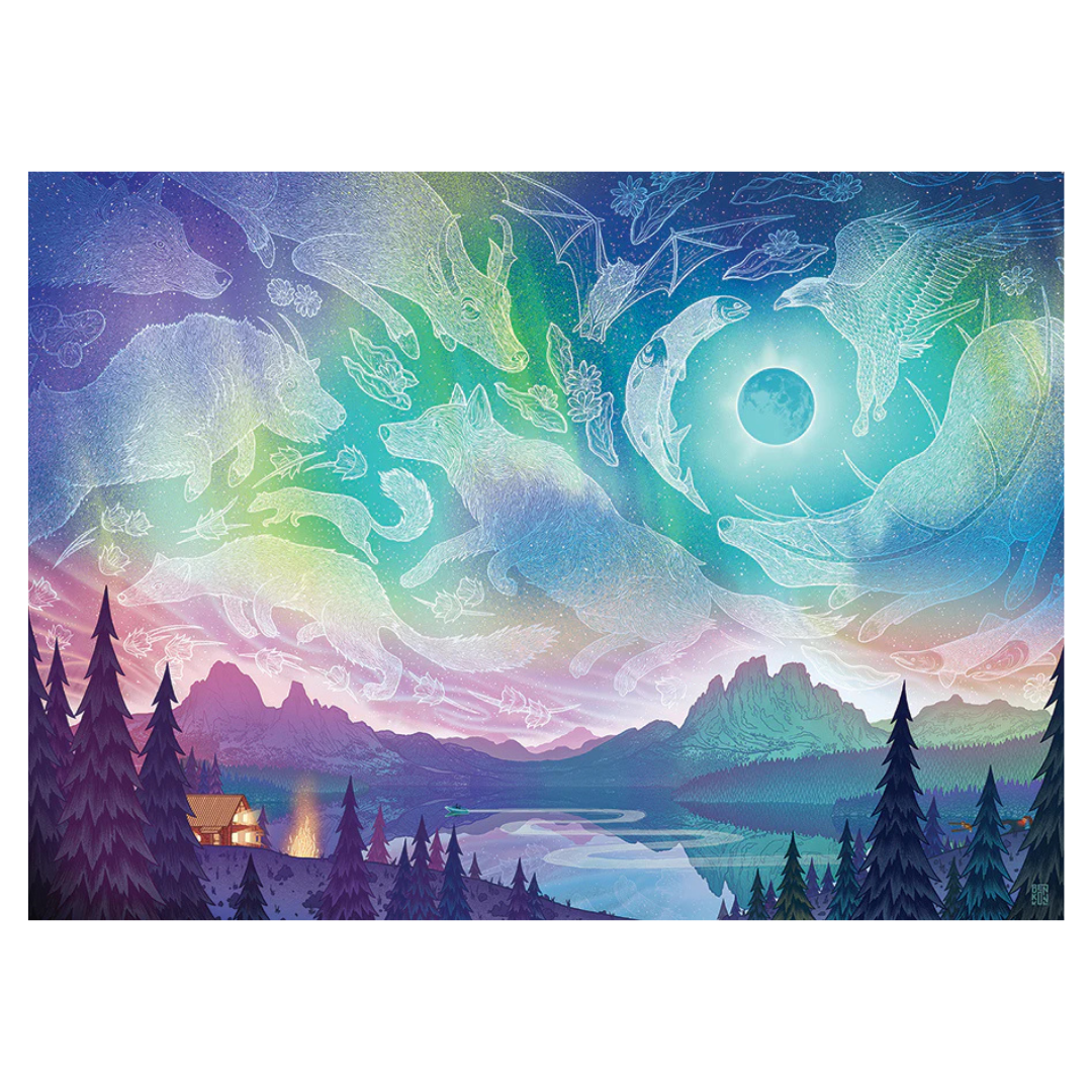 Colorful landscape with mountains, trees, and a glowing moon.