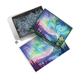 Jigsaw puzzle with a colorful Northern Lights design, partially assembled, on a white background.