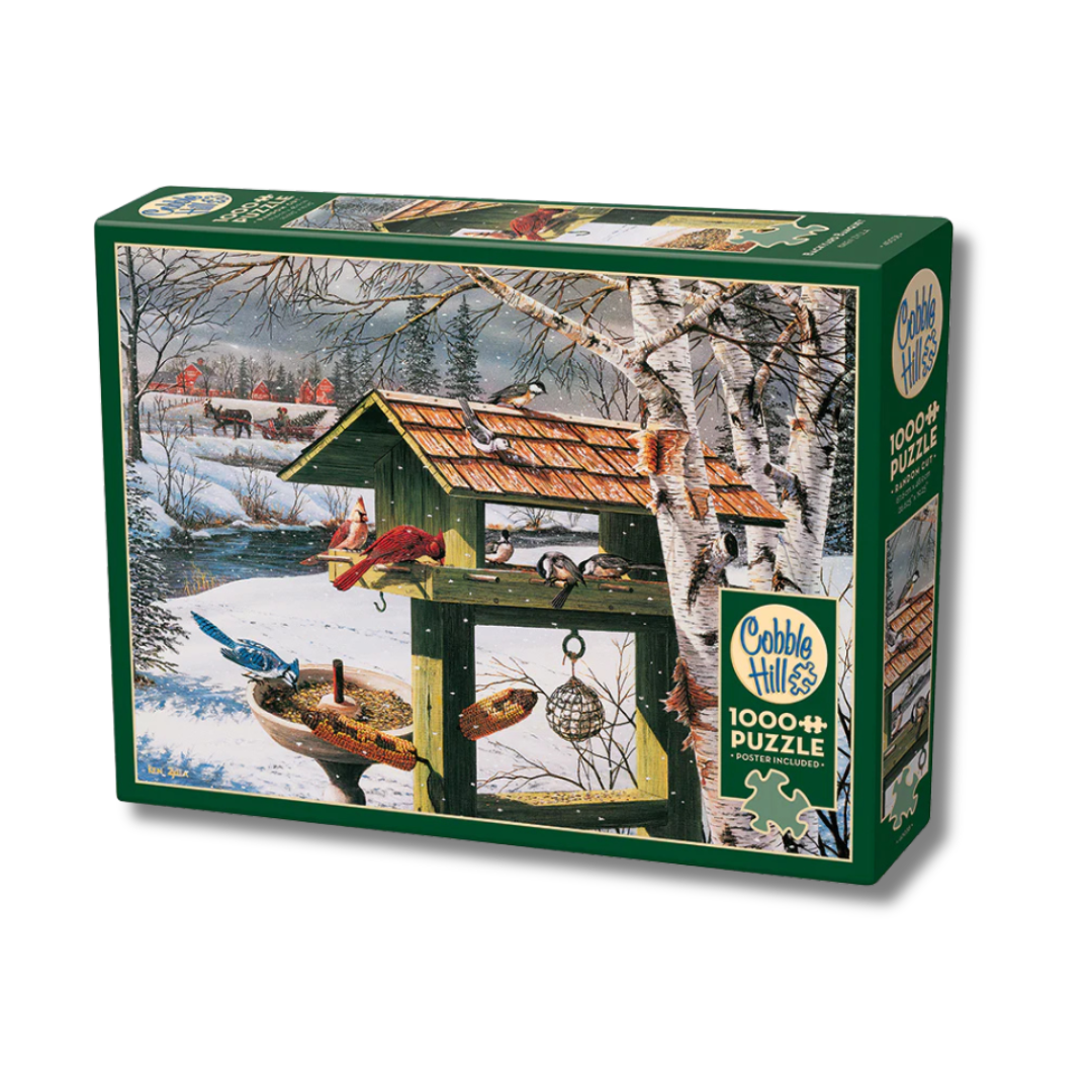 Cobble Hill puzzle box with winter scene design on a white background