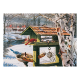 Bird feeder with birds on a snowy landscape