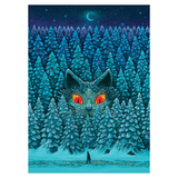 Frosty forest scene with a large cat-like creature and a person in the distance.