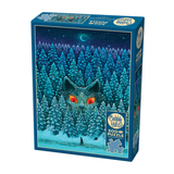 Jigsaw puzzle box with a forest and creature design on a blue background
