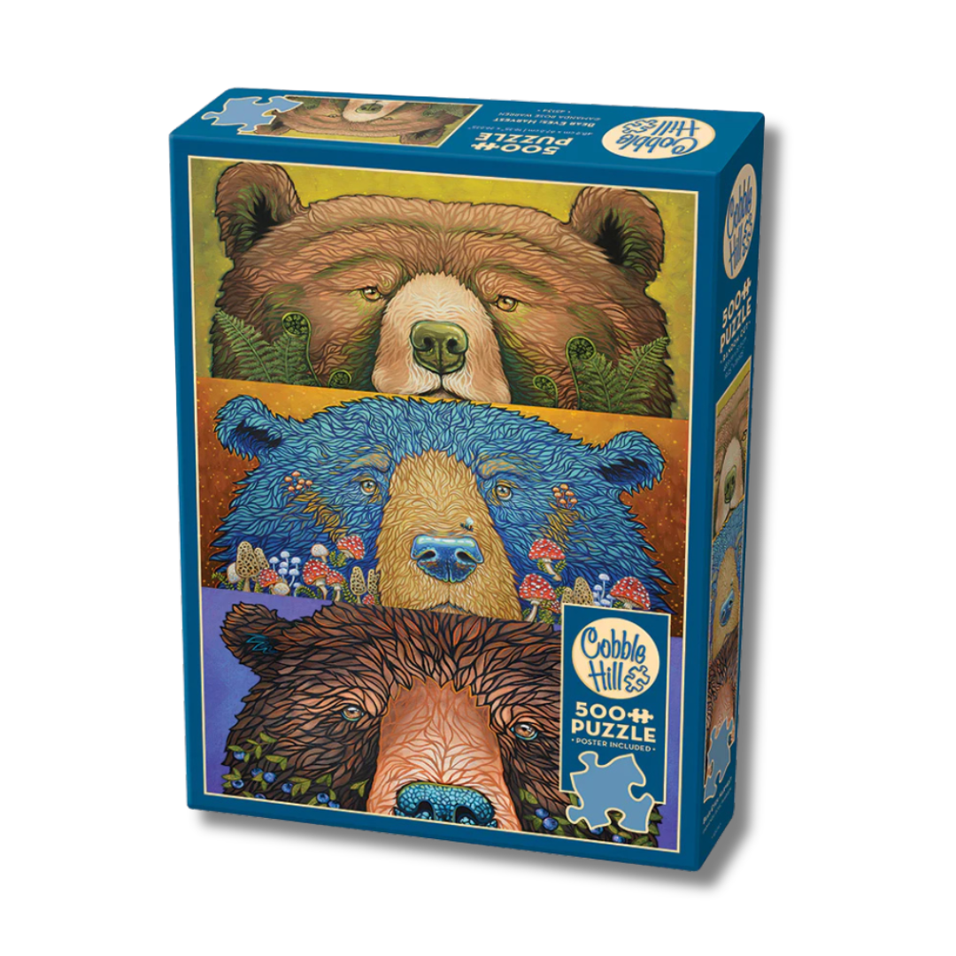 Jigsaw puzzle box featuring three bear illustrations on a white background