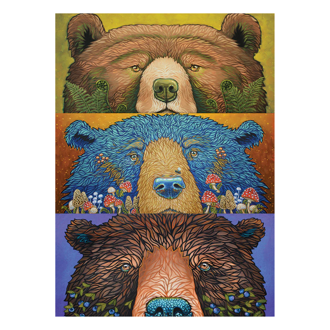 Three artistic depictions of bears with colorful backgrounds