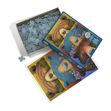 Jigsaw puzzle with bear illustrations on a white background
