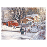 Winter scene with a red fire truck and people around a frozen pond.