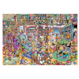 Colorful illustration of a bustling bookshop with various characters and bookshelves.