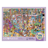 Cobble Hill puzzle box with a colorful illustration of a busy bookshop.