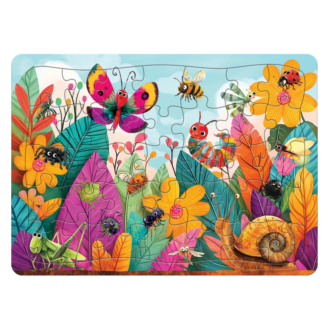 Colorful children's puzzle with insects and flowers on a white background