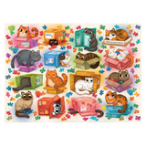 Jigsaw puzzle with cartoon cats in various boxes on a white background