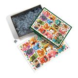 Children's puzzle with animal-themed pieces and a matching box on a white background