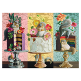Three decorative panels with squirrels and cakes on stands against colorful backgrounds.