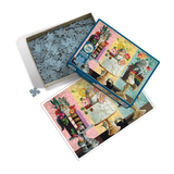 Jigsaw puzzle with cat-themed illustrations on a white background