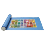 Roll of blue felt puzzle mat  with a colorful patterned puzzle on a white background