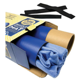 Blue puzzle roll mat with cardboard packaging and black straps on a white background