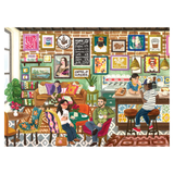 Illustration of a cozy café interior with people sitting at tables and on chairs.