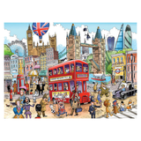 Illustration of a busy London street with iconic landmarks and people.