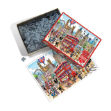 Jigsaw puzzle set with London-themed pieces and packaging on a white background
