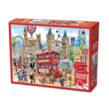 Puzzle box featuring a colorful illustration of London with a red double-decker bus and iconic landmarks.