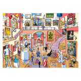 Colorful illustration of a museum interior with various exhibits and people.