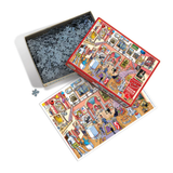 Puzzle with pieces and packaging on a white background