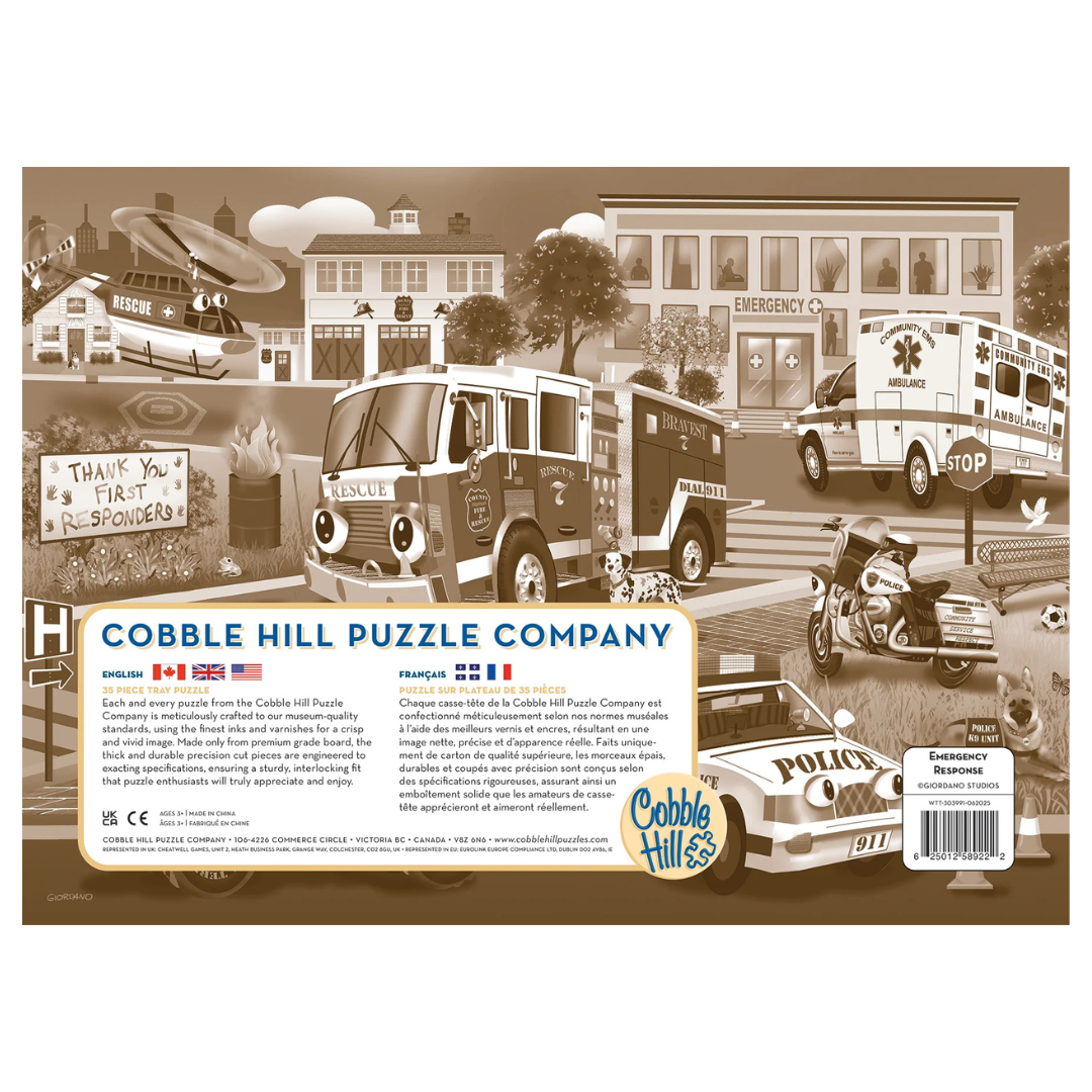 Cobble Hill puzzle tray with police car, fire truck, and ambulance illustration.