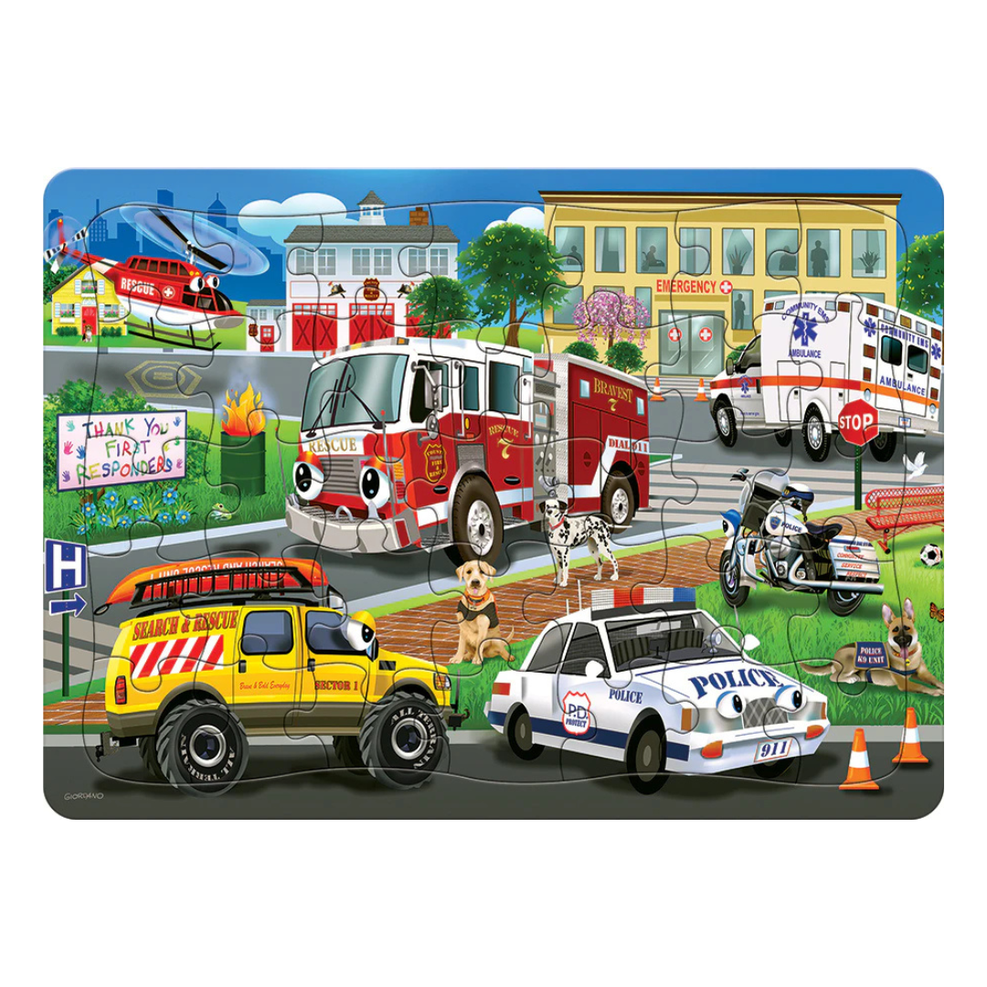 Children's puzzle with emergency vehicles and animals on a colorful background