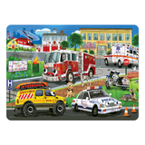 Children's puzzle with emergency vehicles and animals on a colorful background