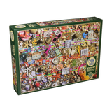Jigsaw puzzle box with colorful beach collage design on a white background
