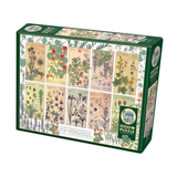 Jigsaw puzzle box with botanical illustrations on a white background