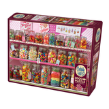 Cobble Hill puzzle box featuring a candy shop design with colorful jars of candy.