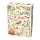 Jigsaw puzzle box with autumn-themed design featuring birds, leaves, and flowers.