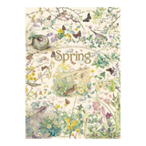 Decorative book cover with spring-themed illustrations of animals and plants on a white background.