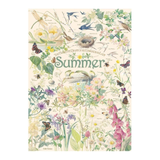 Book cover with illustrations of summer elements like flowers, birds, and butterflies on a beige background.