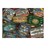 Collection of vintage-style fishing tackle box labels on a wooden surface.