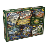 Fishing-themed puzzle box with various fishing-related graphics and text on a white background