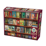 Cobble Hill puzzle box with bookshelf design and colorful book illustrations on a white background